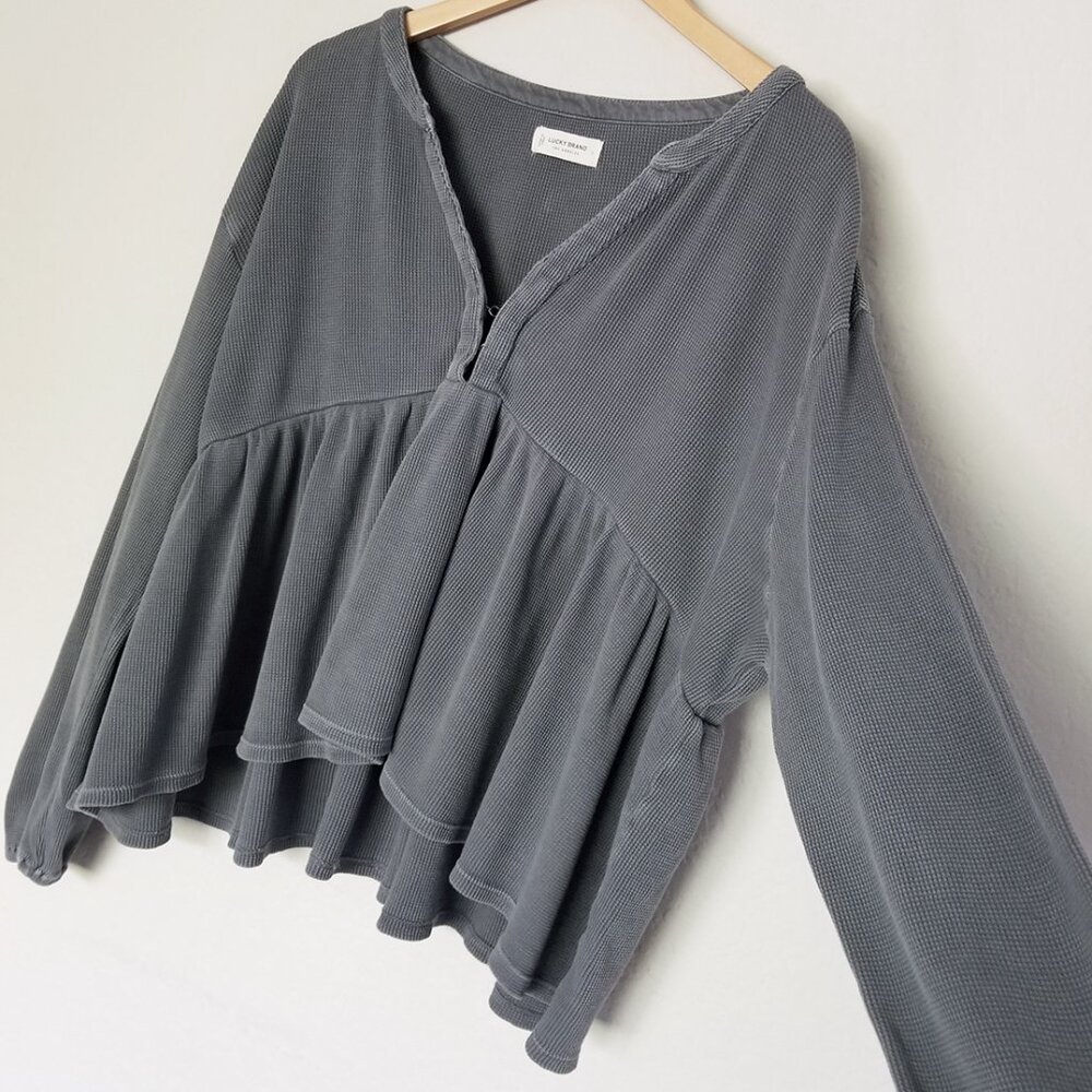 Lucky Brand Waffle Knit Peplum Top L Ebony Grey 100% Cotton Oversized Babydoll - Picture 6 of 16